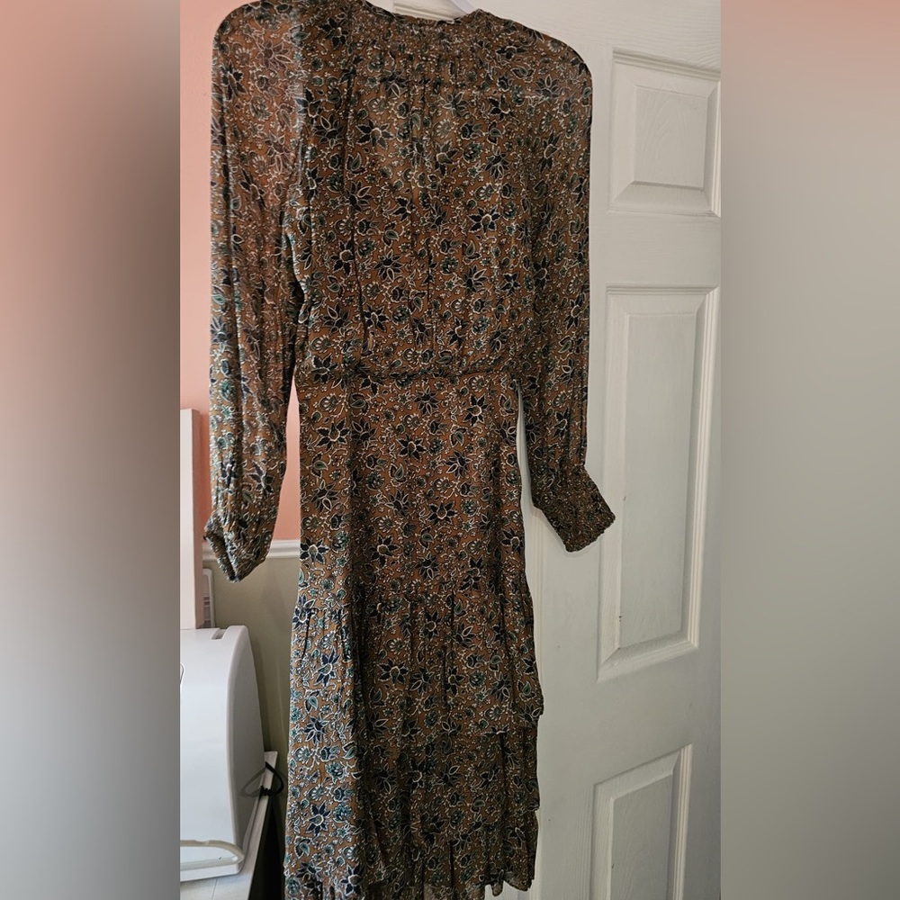 Veronica Beard Brown Black V-Neck Bishop Sleeve Sundress